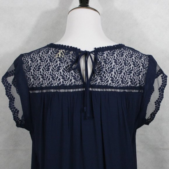 Vintage 90's Anthropologie Meadow Rue Blue Rayon Blouse w/ Lace SZ MP EUC - Picture 5 of 10